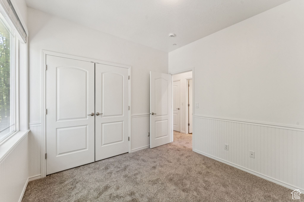Unfurnished bedroom featuring multiple windows, carpet flooring, and a closet