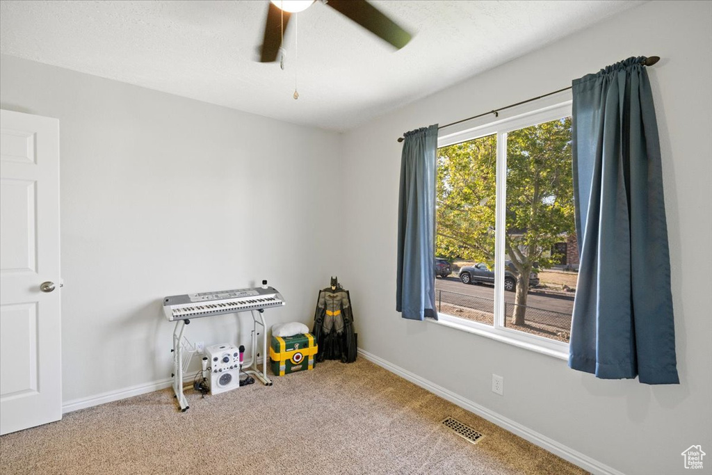 Recreation room featuring carpet and a ceiling fan