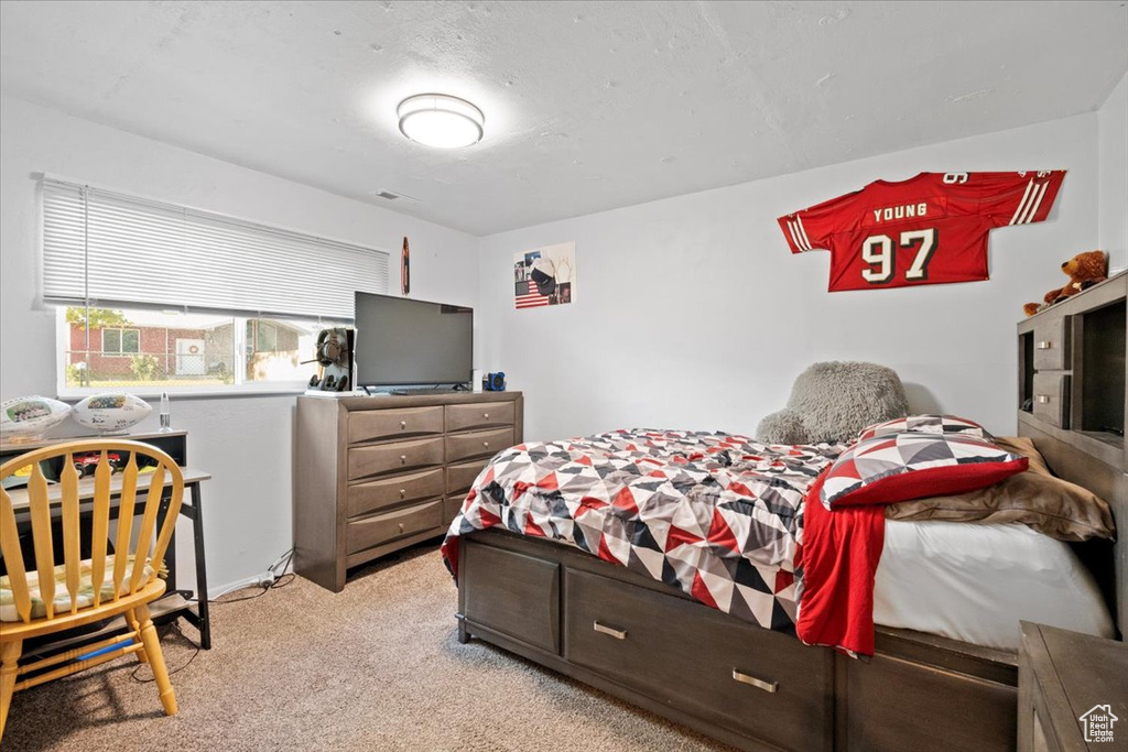Bedroom with light carpet