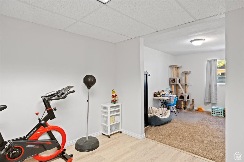Workout room with wood finished floors and a drop ceiling