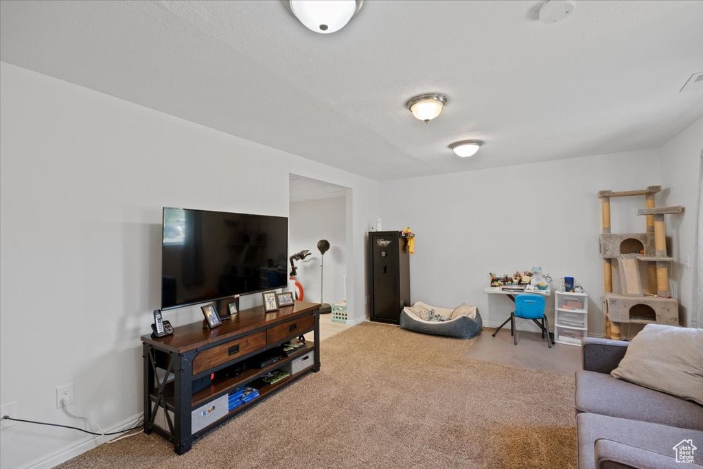 Carpeted living room featuring baseboards