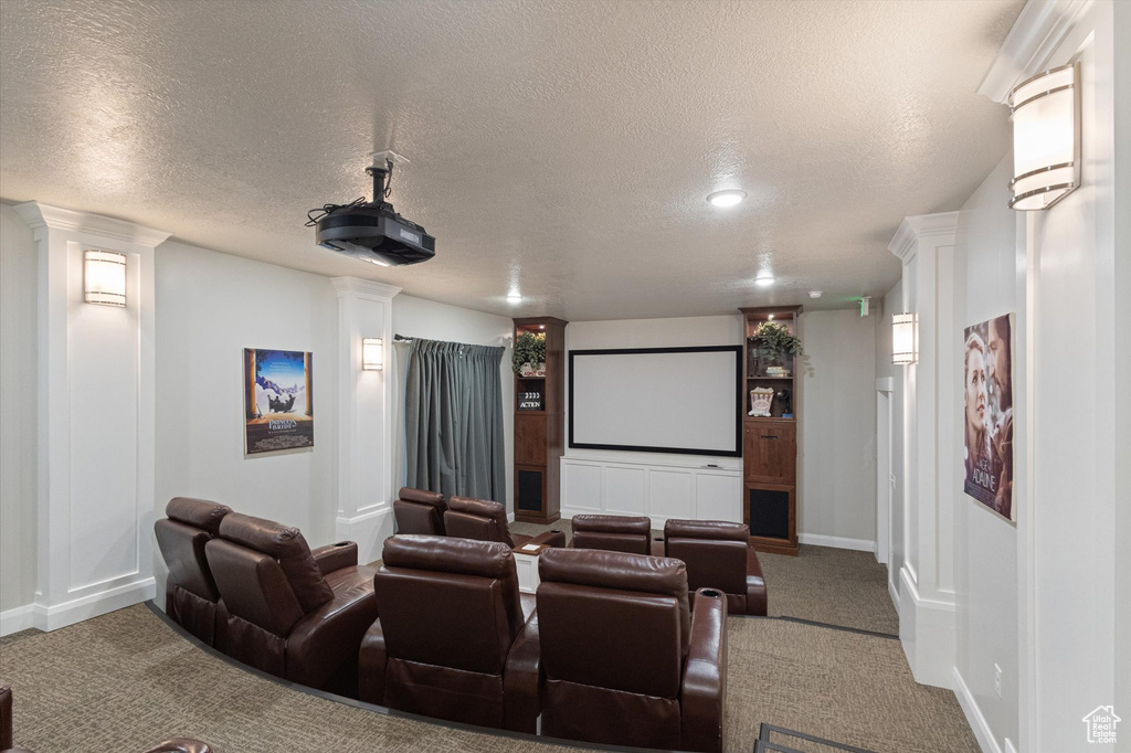Cinema featuring carpet and a textured ceiling