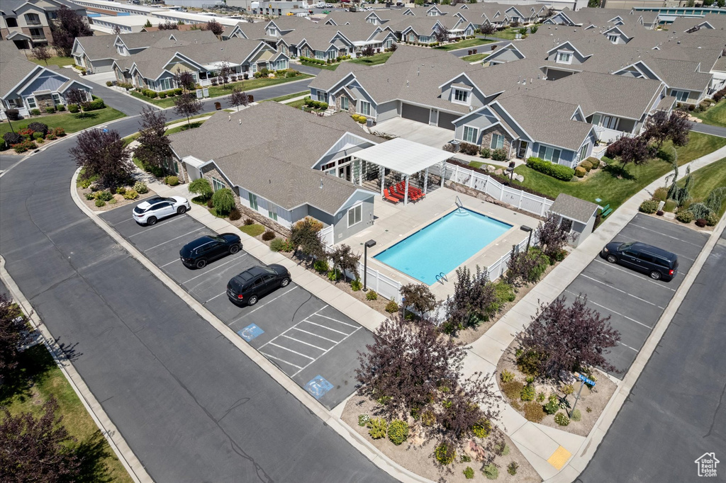 Aerial view of residential area with a pool