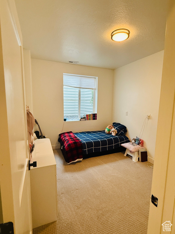 Carpeted bedroom featuring a textured ceiling