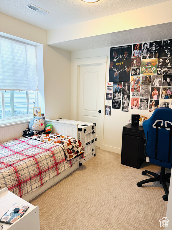 Carpeted bedroom with an office area