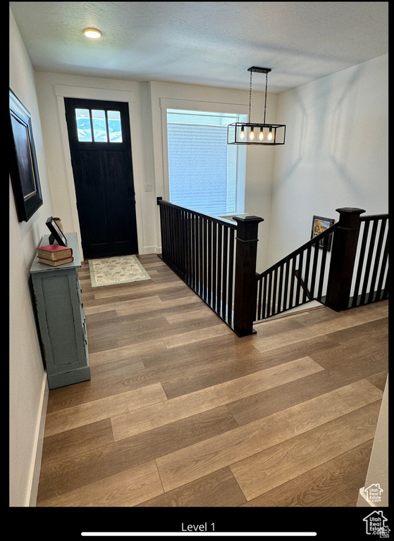 Foyer with wood finished floors and baseboards