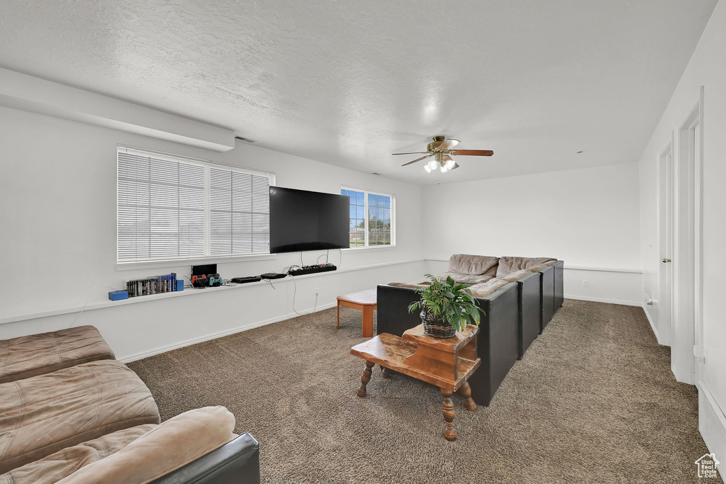 Carpeted living room with ceiling fan and a textured ceiling