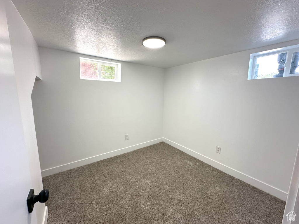 Below grade area with a textured ceiling and dark carpet