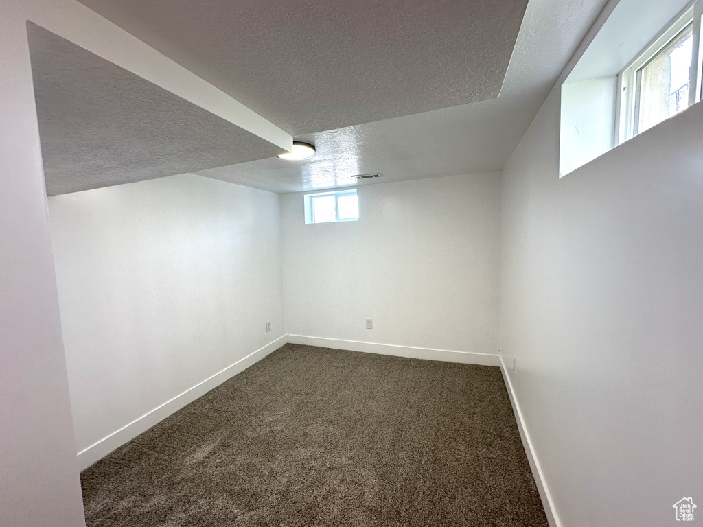 Below grade area featuring a textured ceiling and dark colored carpet