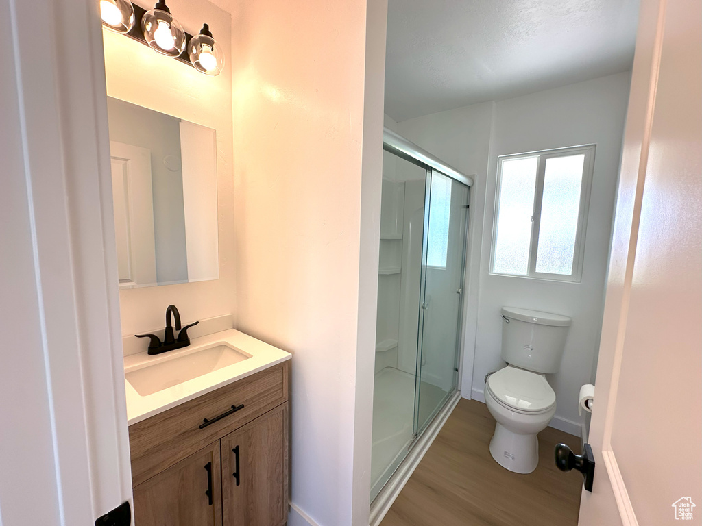 Bathroom with vanity, a stall shower, and wood finished floors