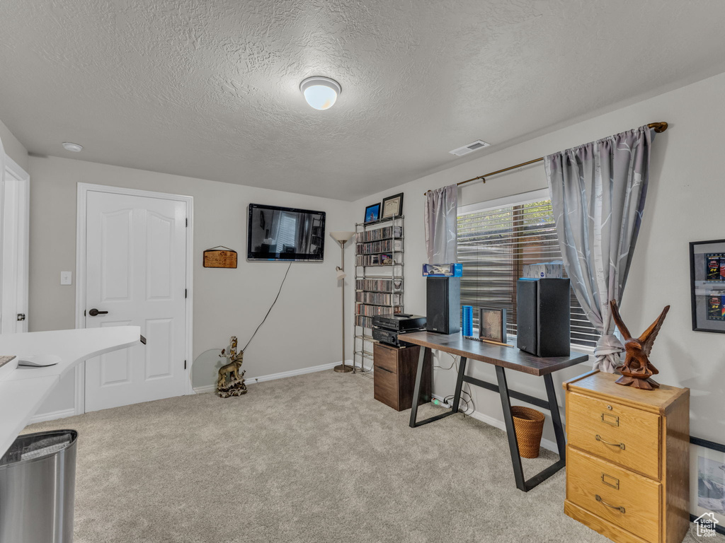 Office space featuring a textured ceiling and light colored carpet