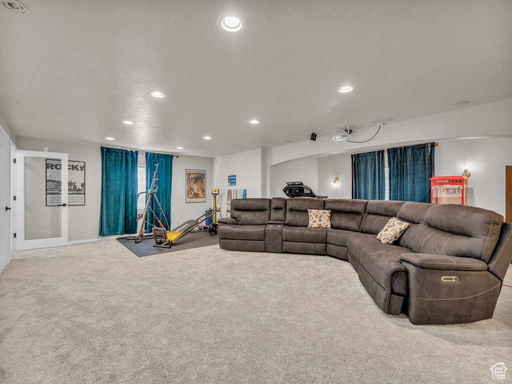 Living room featuring recessed lighting and carpet flooring