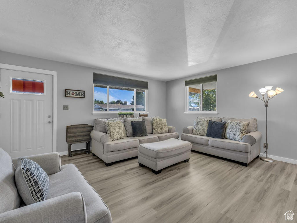Living area with light wood finished floors and a textured ceiling