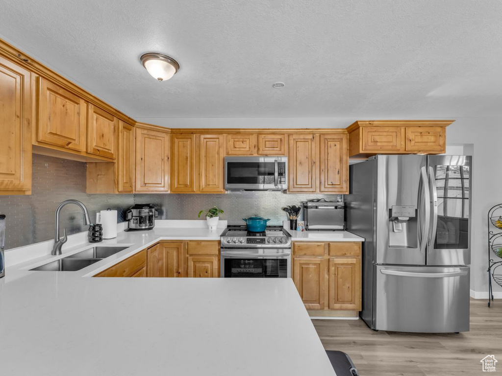 Kitchen featuring stainless steel appliances, light countertops, and light wood-type flooring