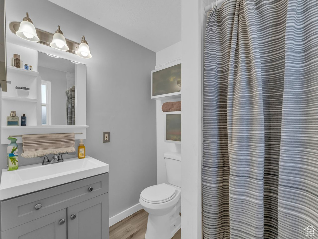 Bathroom with wood finished floors and vanity
