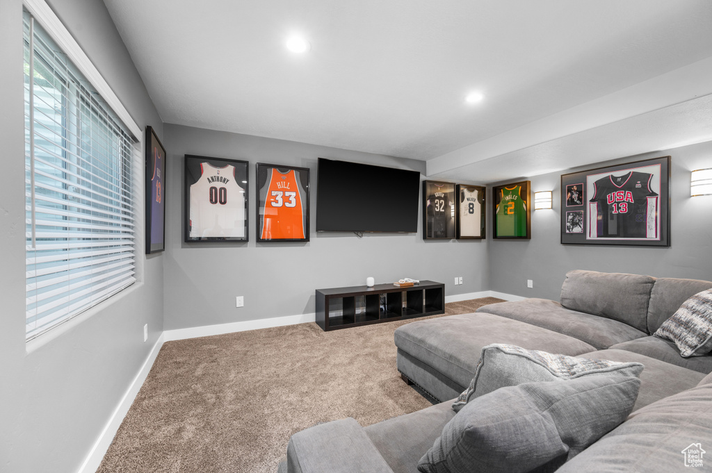 Carpeted cinema with baseboards and recessed lighting