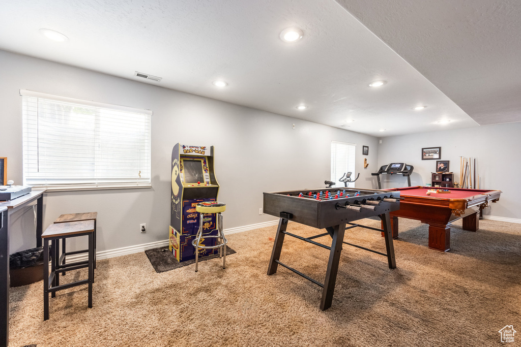 Recreation room featuring carpet, recessed lighting, and billiards table