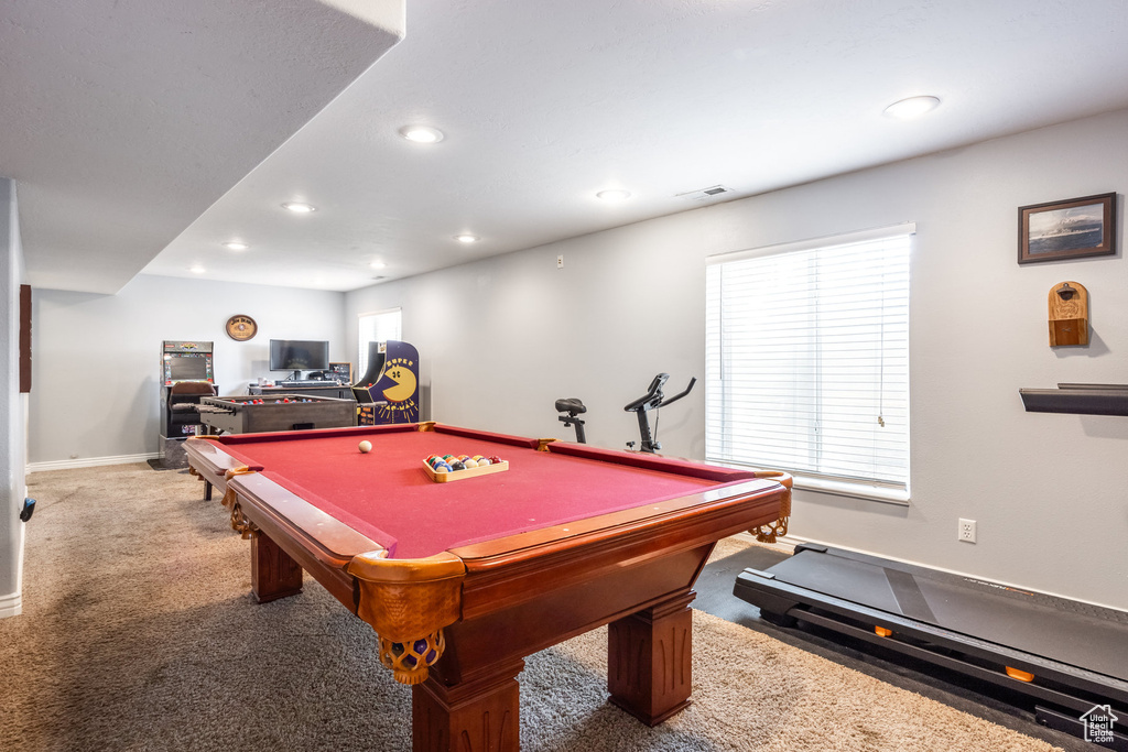 Playroom with carpet, recessed lighting, and pool table