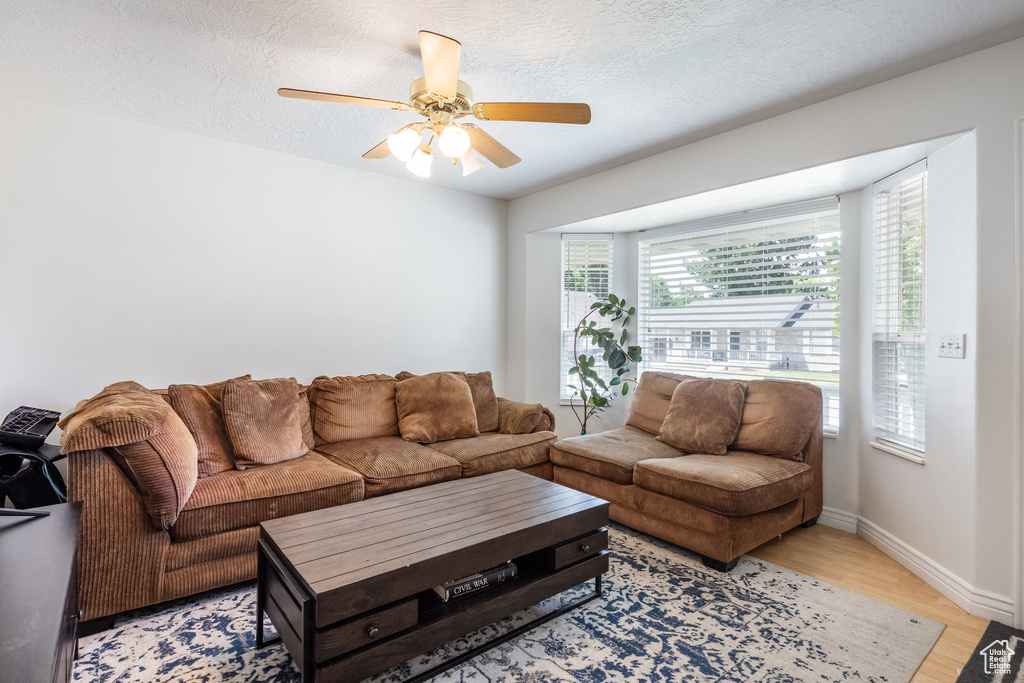 Living room featuring light wood finished floors and ceiling fan