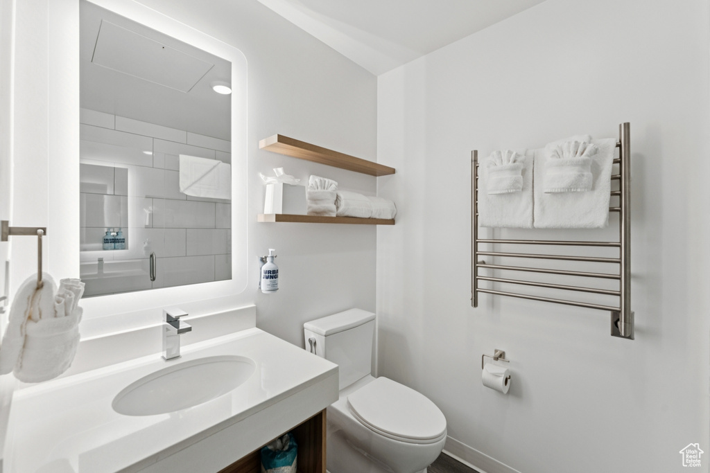 Full bathroom featuring radiator, a towel warming rack, vanity, and a shower