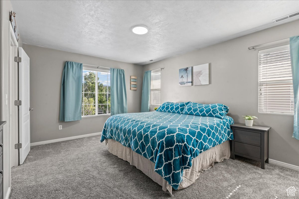 Bedroom featuring carpet floors and a textured ceiling