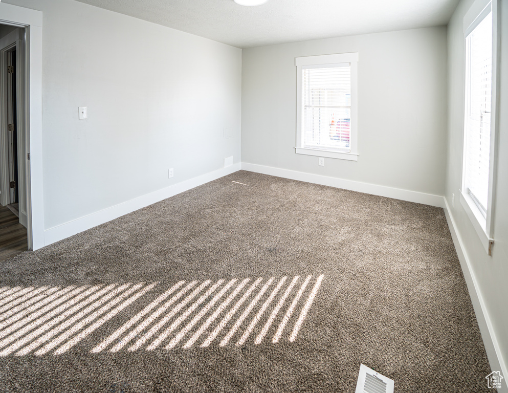 Carpeted spare room featuring healthy amount of natural light