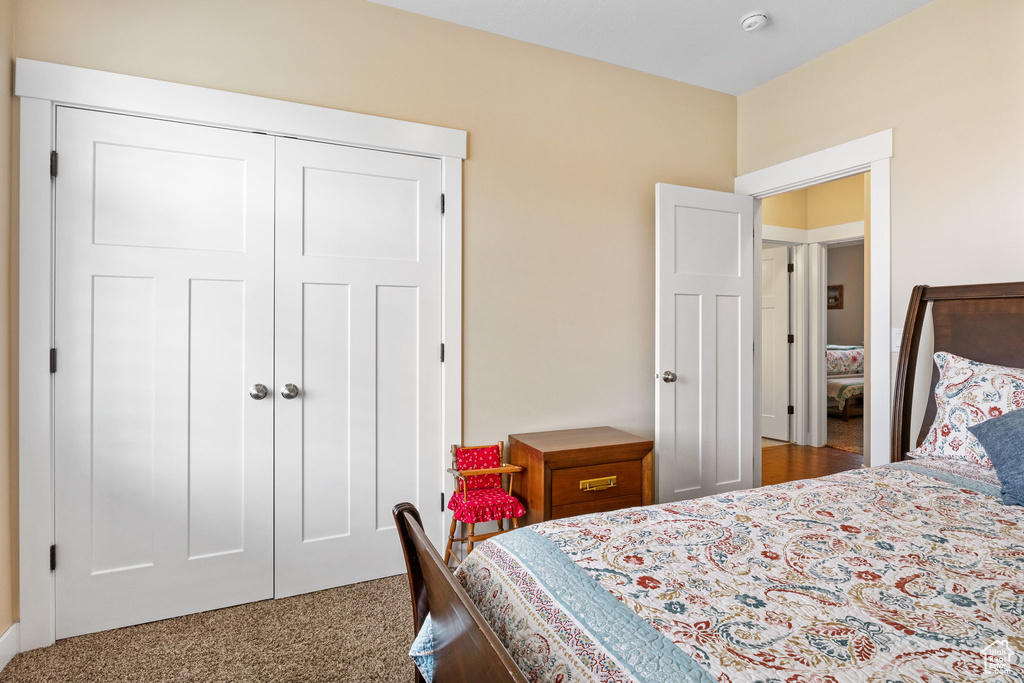 Bedroom with a closet and carpet floors