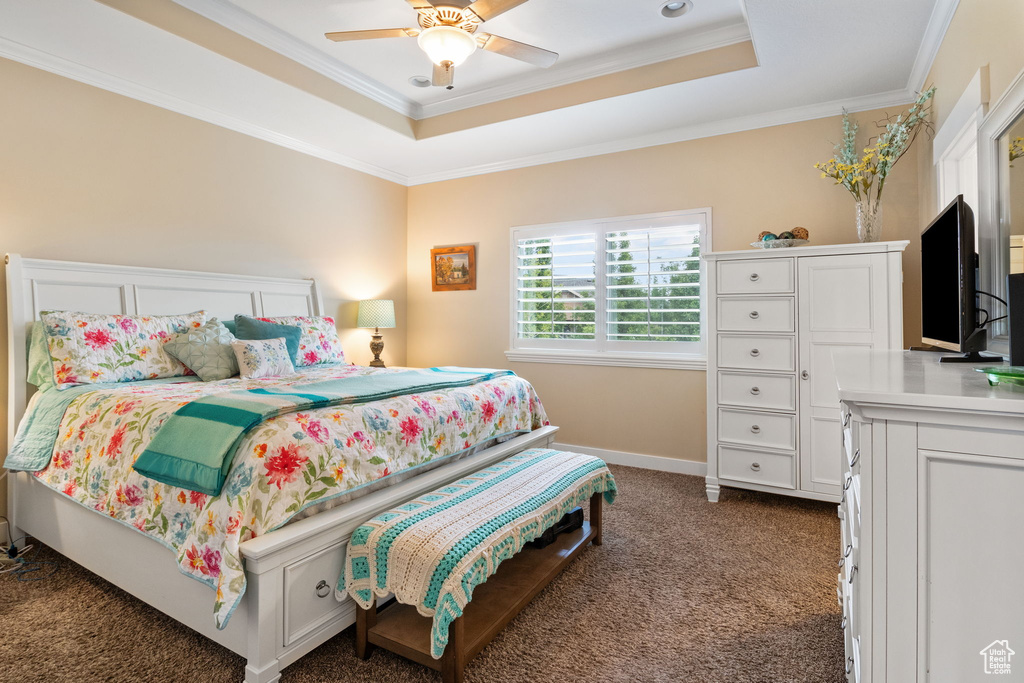 Bedroom with dark carpet, a tray ceiling, crown molding, and ceiling fan