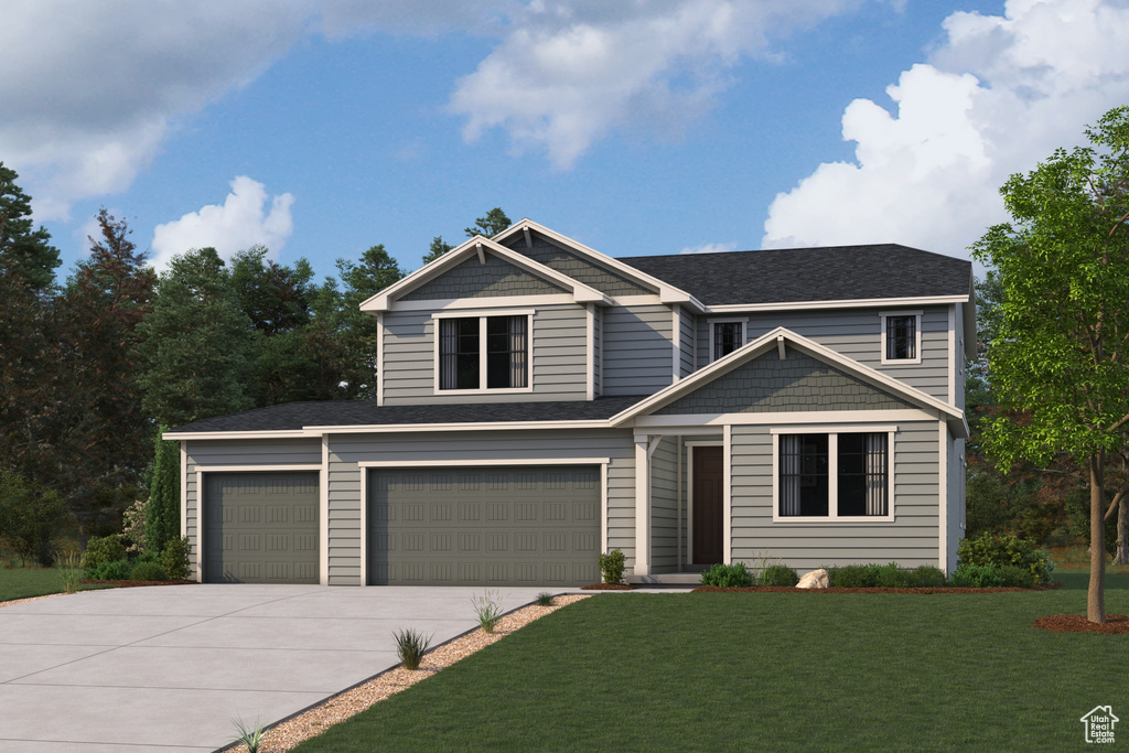 View of front facade featuring concrete driveway, a front lawn, a garage, and roof with shingles