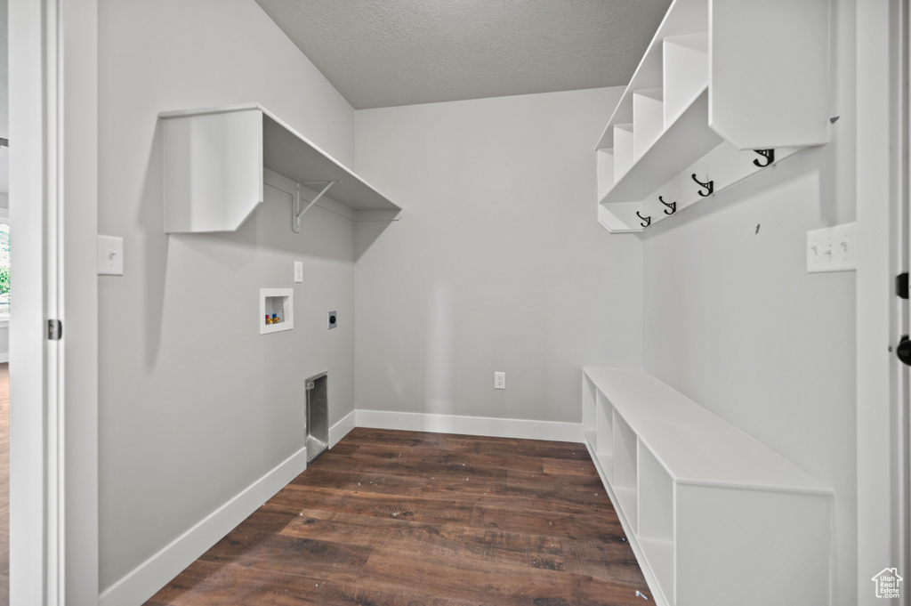 Laundry area with washer hookup, hookup for an electric dryer, dark wood-style floors, and a textured ceiling
