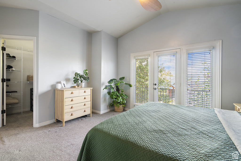 Bedroom with access to outside, lofted ceiling, a spacious closet, carpet, and a closet