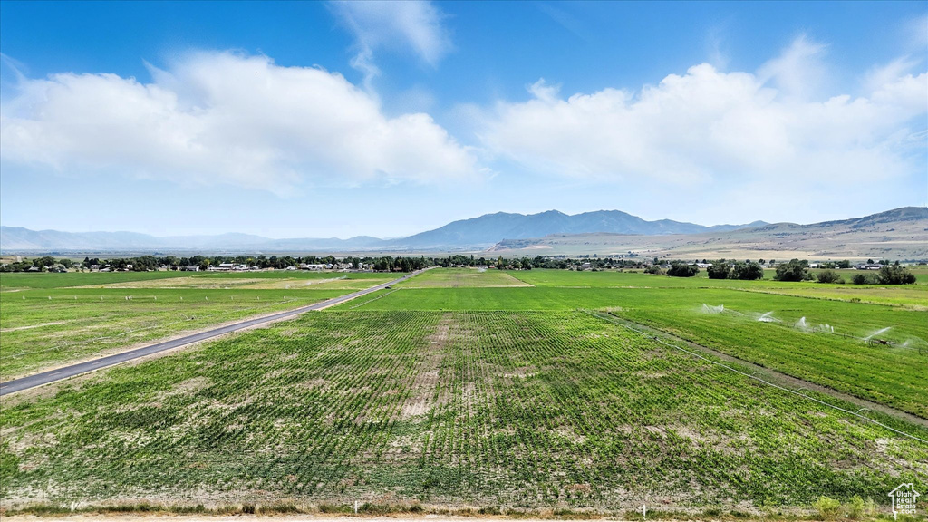 View of mountain background featuring rural landscape and farmland