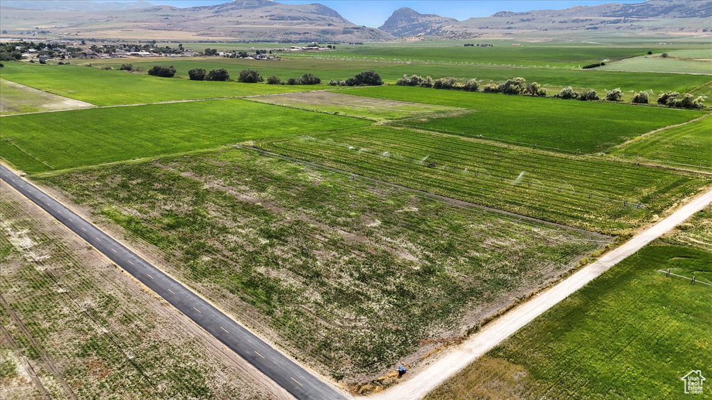 View of mountain backdrop featuring rural landscape and rows of crops