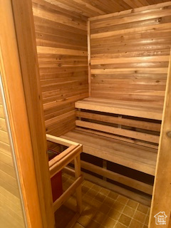 Sauna / steam room featuring wooden ceiling and wood walls