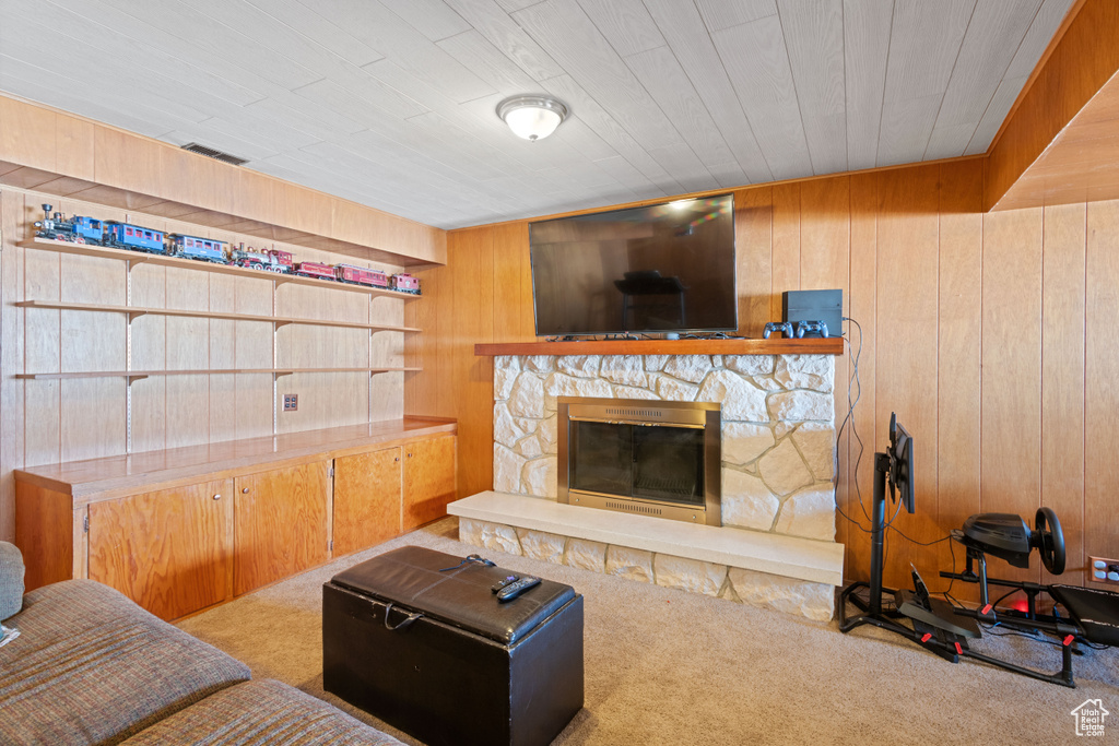 Living area featuring carpet floors, wooden walls, and a stone fireplace
