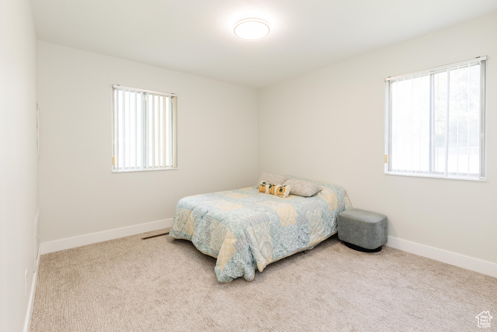 Carpeted bedroom featuring multiple windows