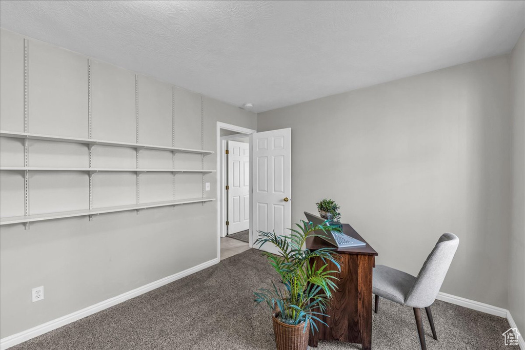 Carpeted home office featuring baseboards