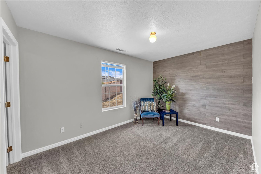 Unfurnished room with an accent wall, carpet floors, a textured ceiling, and wooden walls
