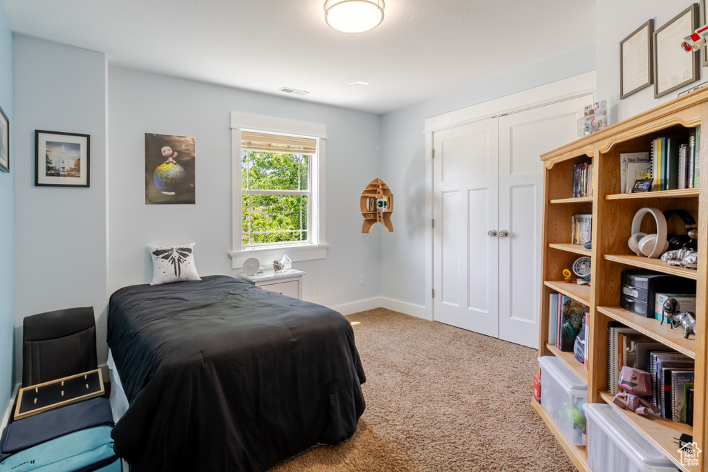 Carpeted bedroom with a closet and baseboards