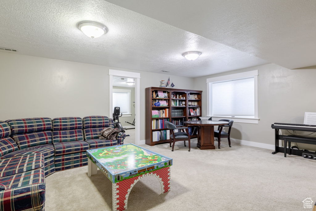 Carpeted living area featuring a textured ceiling and baseboards