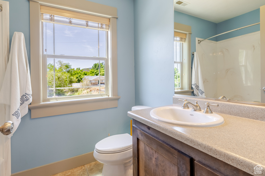 Full bathroom featuring healthy amount of natural light, vanity, and a shower