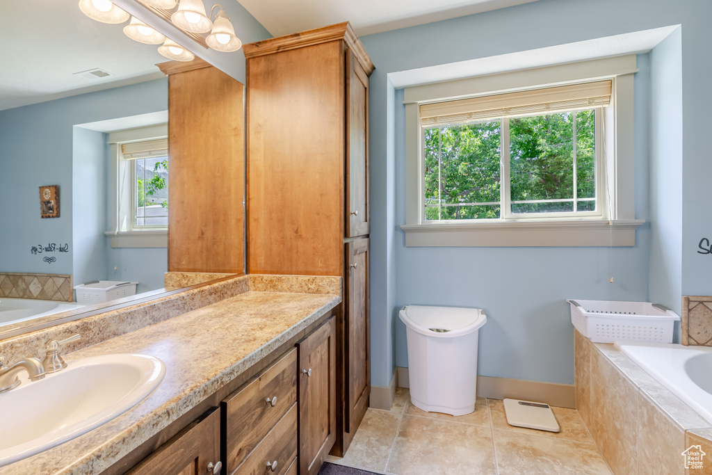 Bathroom featuring vanity and a bath