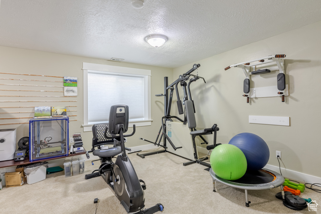 Exercise room with a textured ceiling and carpet flooring
