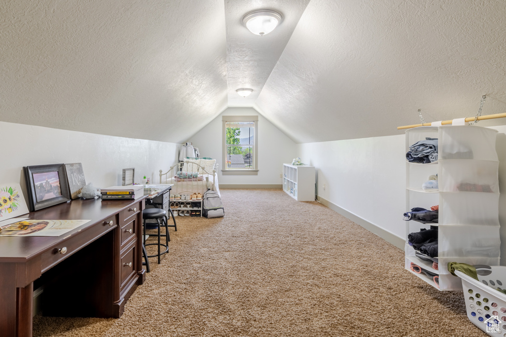 Carpeted office space featuring a textured ceiling and lofted ceiling