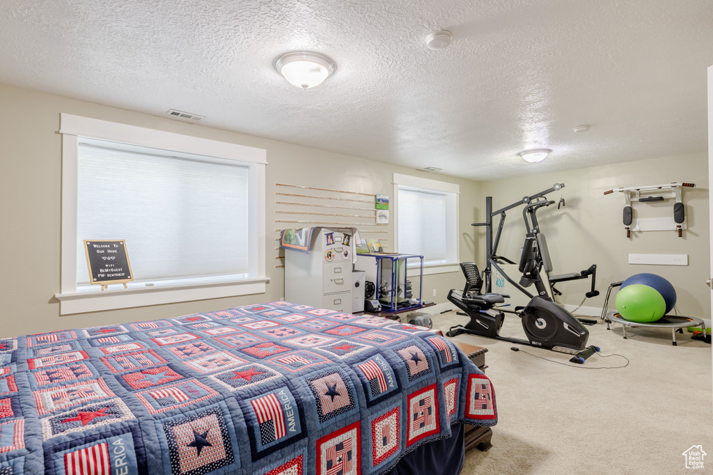 Bedroom with carpet and a textured ceiling