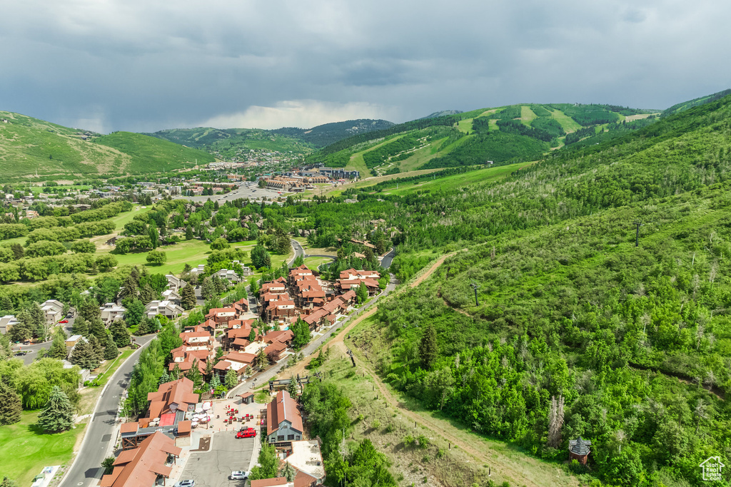 Aerial view of residential area with a mountainous background