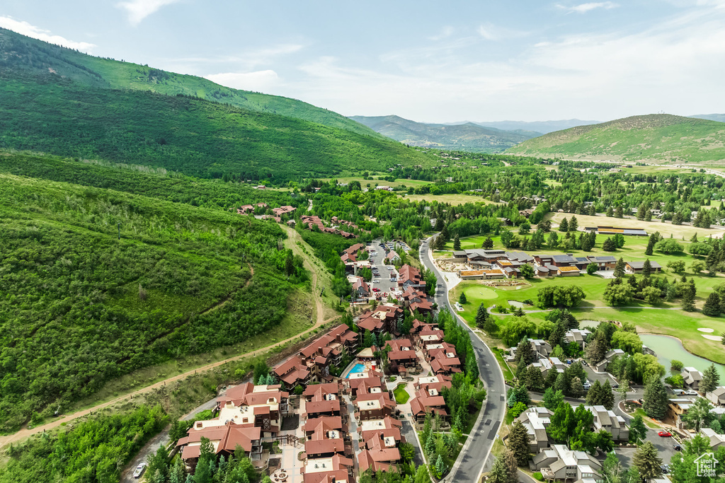Aerial perspective of suburban area with a mountain backdrop