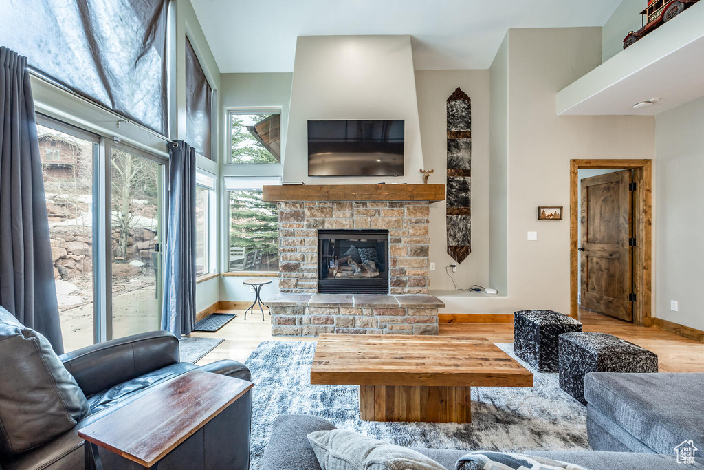 Living room featuring wood finished floors and a fireplace