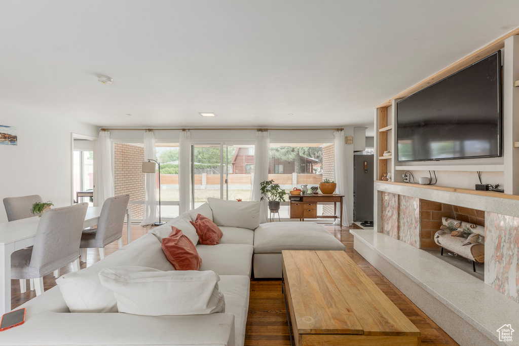Living room with dark wood finished floors