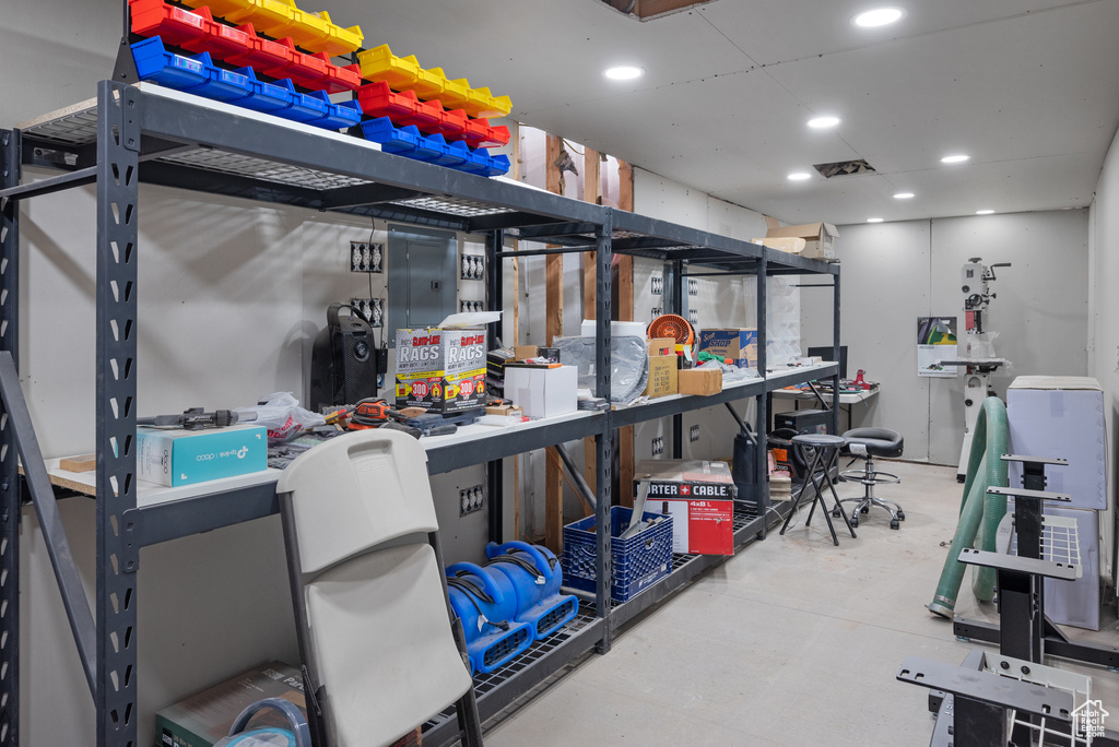 Storage room featuring electric panel